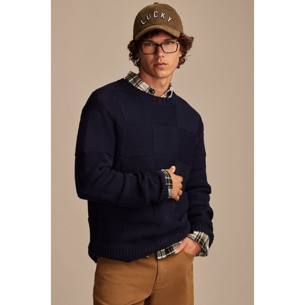 NWT Lucky Brand Mens Check Stitch Crew Neck‎ Sweater Blue Size XL